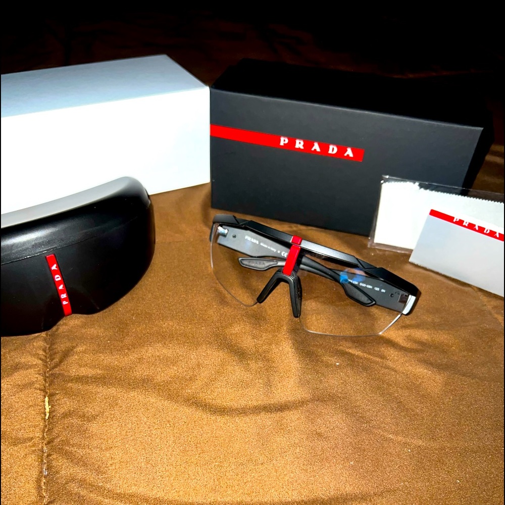 Prada Black Sunglasses with Red Accent Rimless Shield